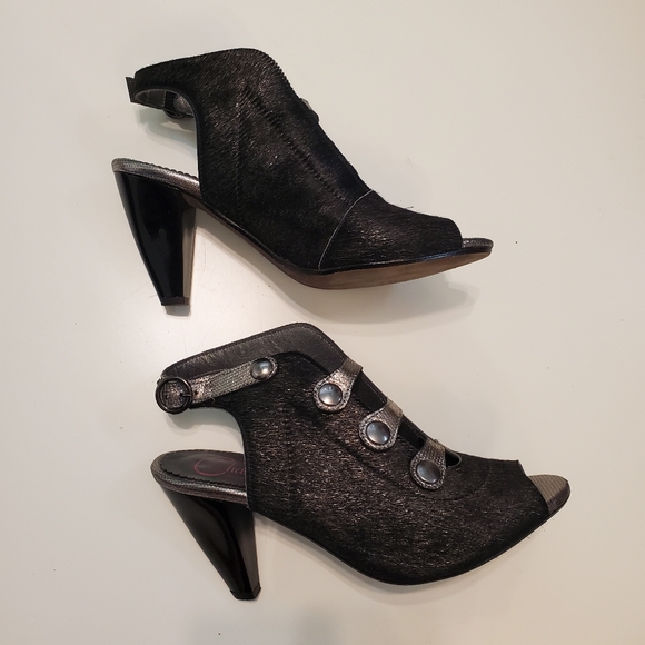 Chanii B 39 Heels Honey Black Platinum open toe sandal Strappy Military Silver - Picture 7 of 16